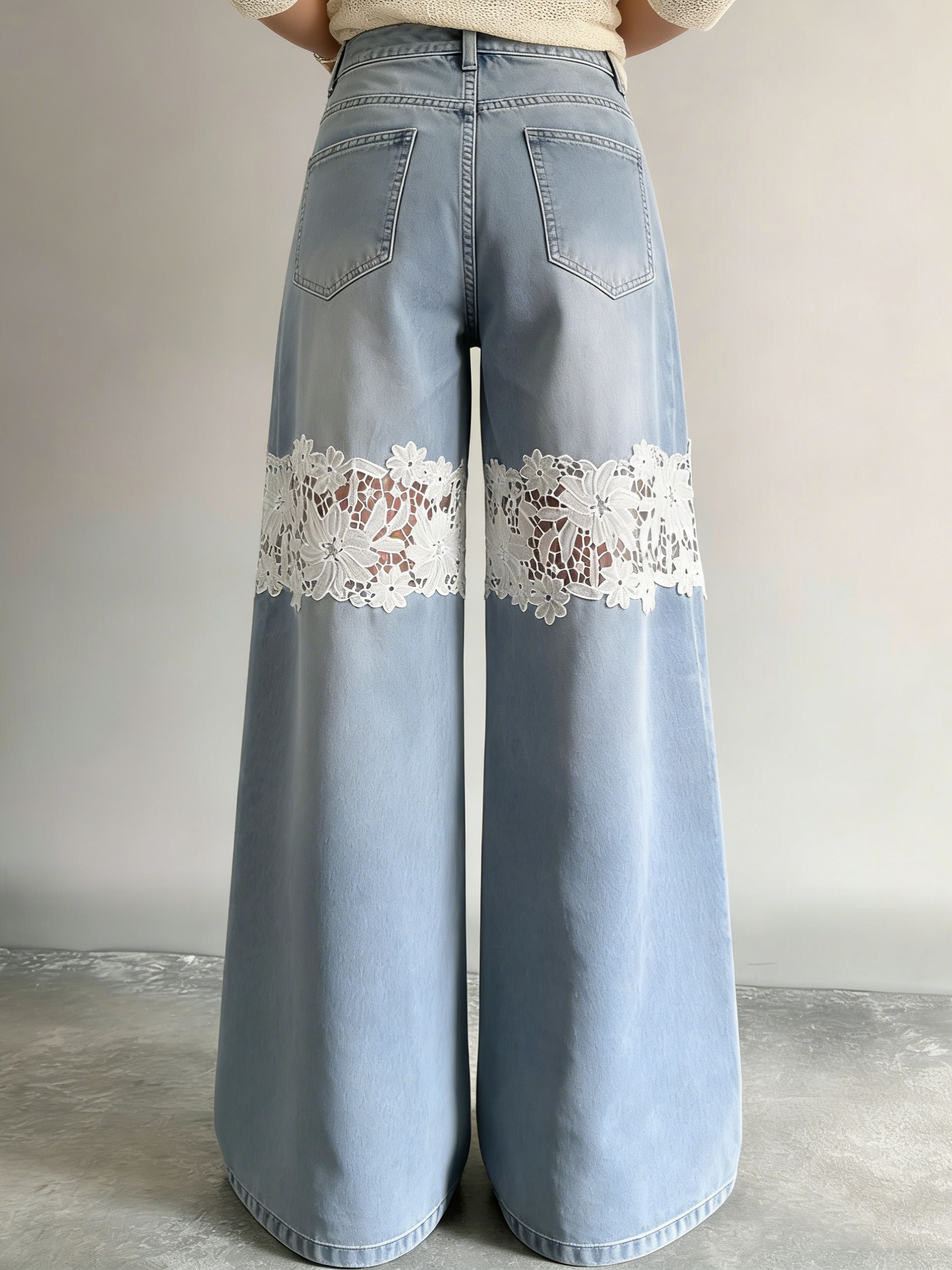Women's Light Wash Lace Insert Wide Leg Jeans - Image 3
