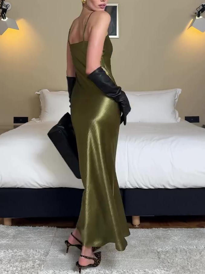 Olive Green Satin Slip Dress - Image 4