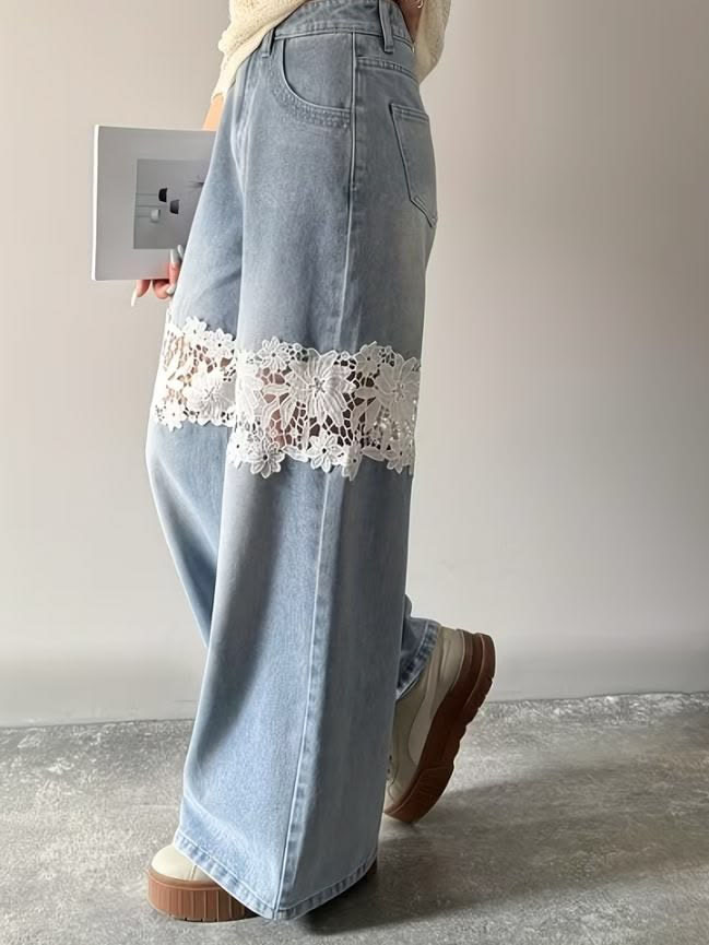 Women's Light Wash Lace Insert Wide Leg Jeans - Image 2